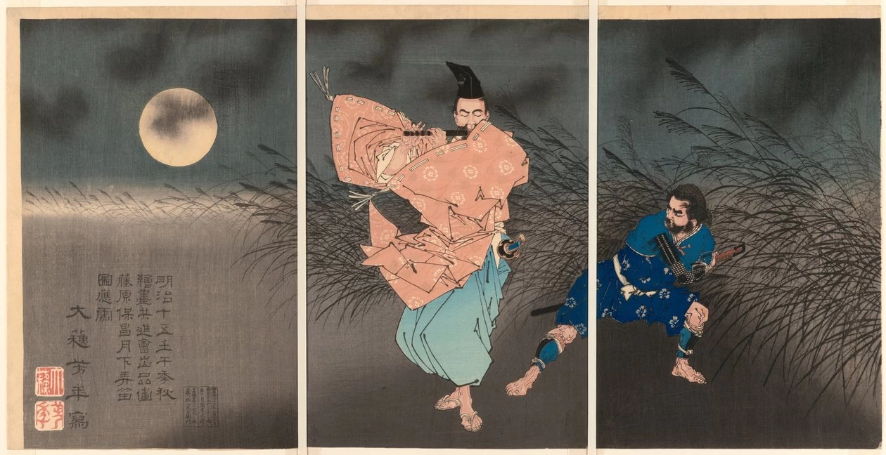 Fujiwara no Yasumasa che suona il flauto al chiaro di luna